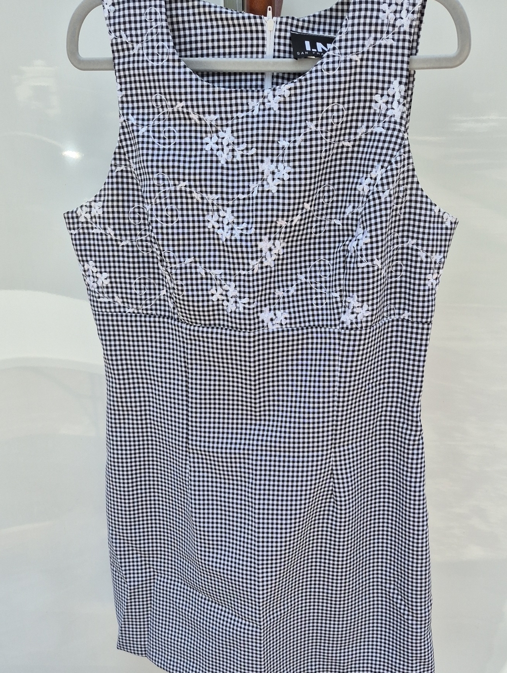 Vintage I.N. San Francisco Black & White Gingham Embroidered Sleeveless Dress
